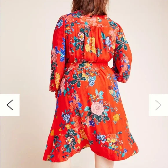 Anthropologie Red Floral Faux-Wrap Dress - Picture 6 of 9